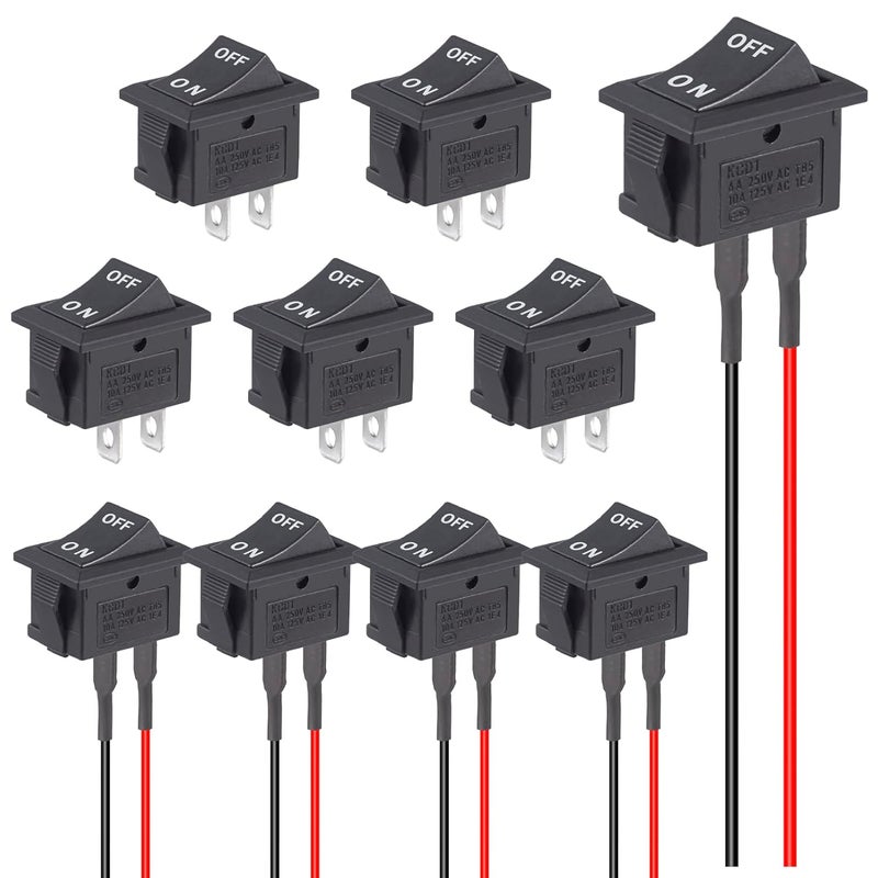 VEXUNGA Rocker ON Off Switch 12V Toggle Switch KCD1 Mini Rocker Switches 2 Pin AC 6A 250V 10A 125V SPST 2 Position Black Square (5Pcs with Leads 5Pcs Without Wires) - Image 1